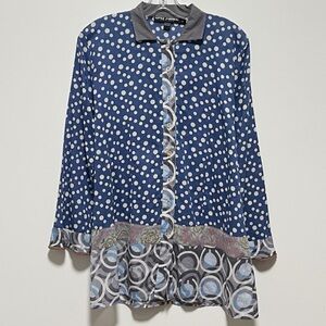 Little Journeys Lightweight Blue and White Polka Dot Ruffle Hem boho chic Blouse